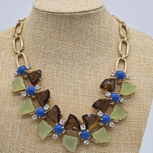 J Crew Gold-Tone Statement Necklace with Blue, Brown & Light Green Gemstones